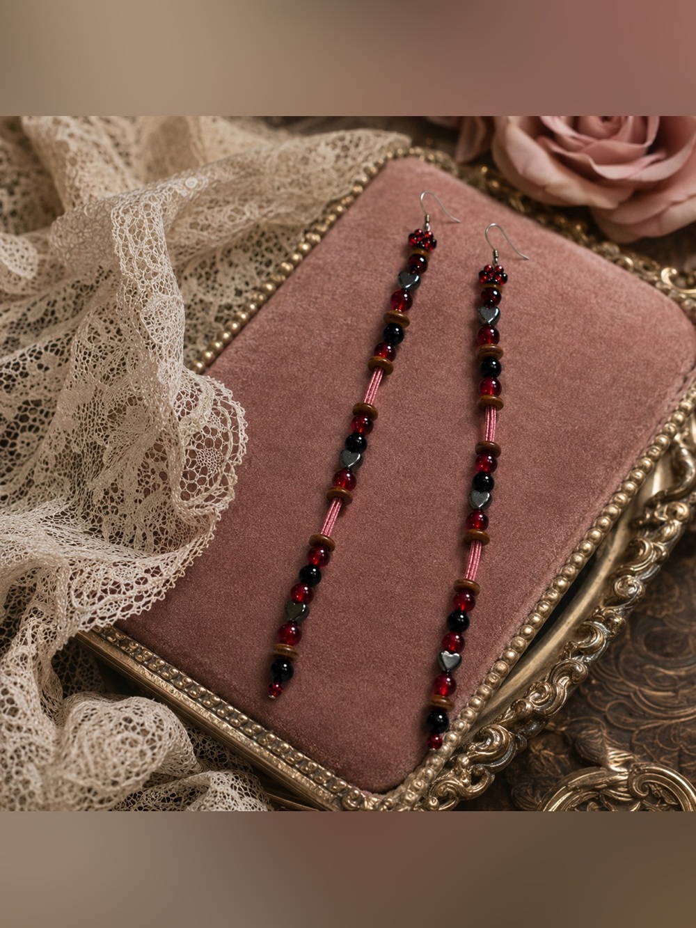 Handmade Red and Black Beaded Dangle Earrings